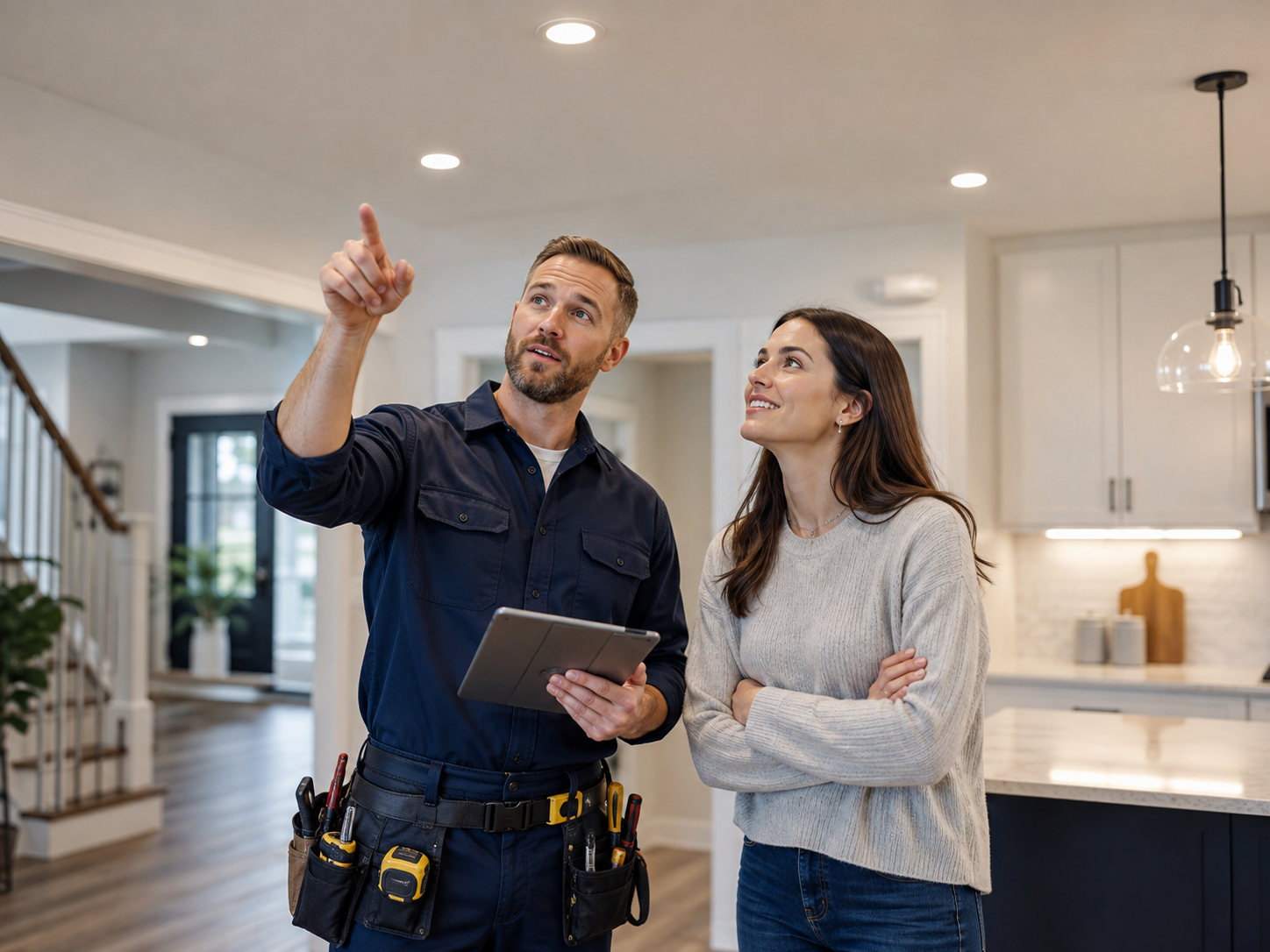 Electrician discussing home electrical work with a homeowner inside a bright modern home